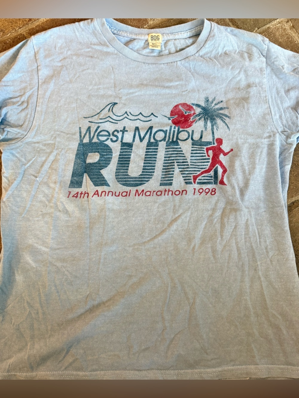 BDG Light Blue West Malibu RUN Marathon Tee with Red & Navy Graphics
